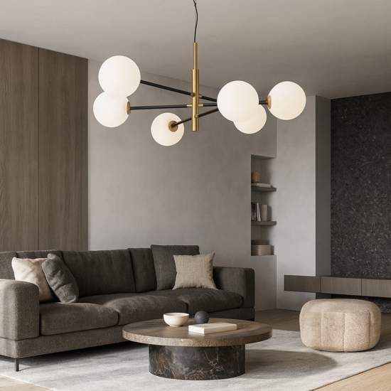 Lampadario elegante per soggiorno nero oro sfere vetro