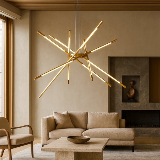 Lampadario design moderno oro bacchette led per soggiorno