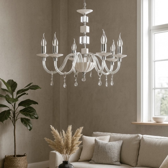 Ondaluce lampadario livia sei luci vetro bianco e cristalli