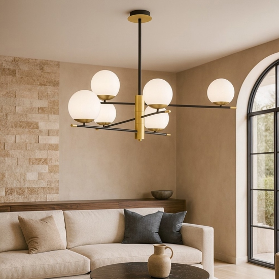 Maytoni nostalgia lampadario da soggiorno nero oro 6 luci sfere vetro bianco