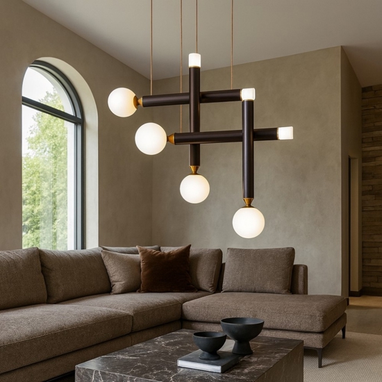 Lampadario a led vivida seventy marrone sfere vetro bianco led 3000k