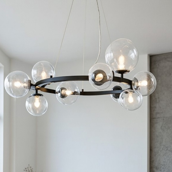 Lampadario per soggiorno moderno nero sfere di vetro trasparente