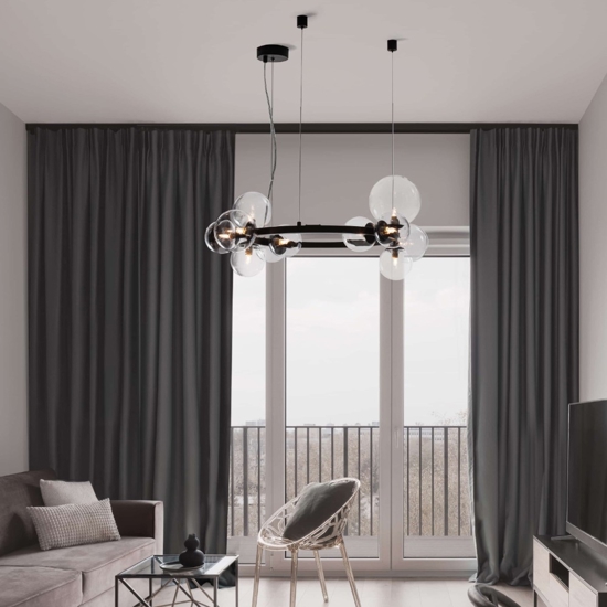 Lampadario per soggiorno moderno nero sfere di vetro trasparente