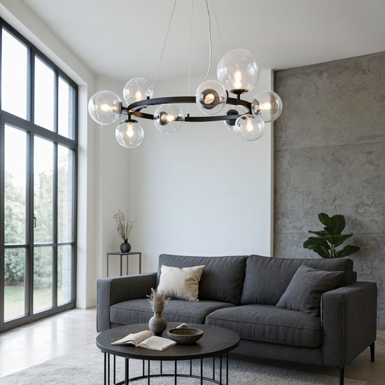 Lampadario per soggiorno moderno nero sfere di vetro trasparente