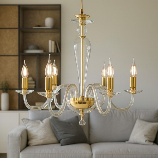 Ondaluce lp paganini lampadario vetro trasparente finiture oro 6 luci