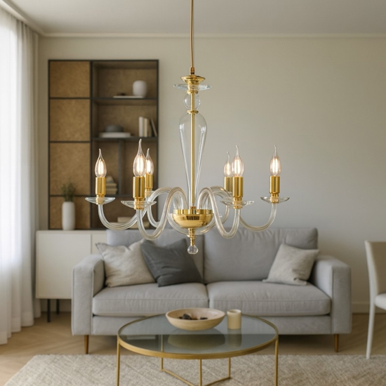 Ondaluce lp paganini lampadario vetro trasparente finiture oro 6 luci