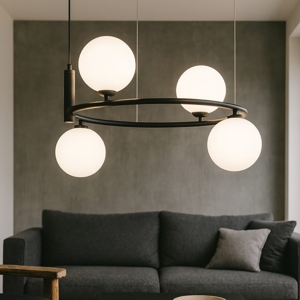 Maytoni ring lampadario circolare nero sfere vetro bianco per soggiorno moderno