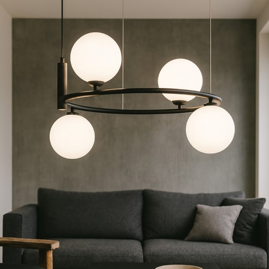 Maytoni ring lampadario circolare nero sfere vetro bianco per soggiorno moderno