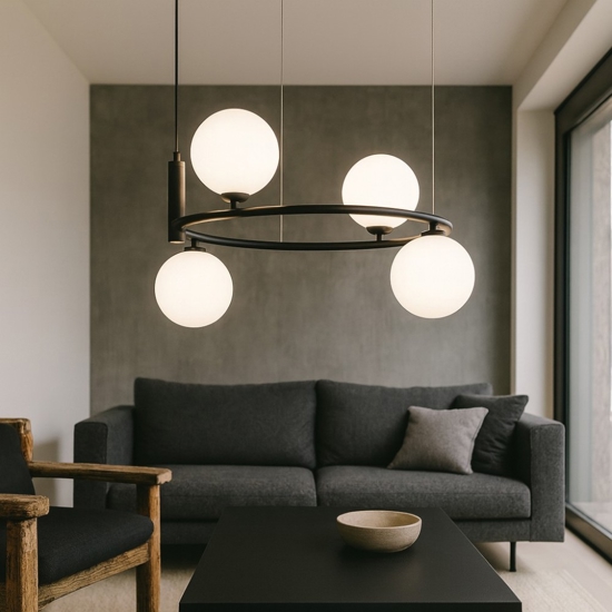 Maytoni ring lampadario circolare nero sfere vetro bianco per soggiorno moderno