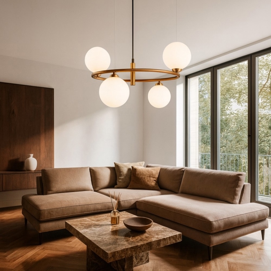 Lampadario ring moderno oro per salotto sfere vetro bianco maytoni