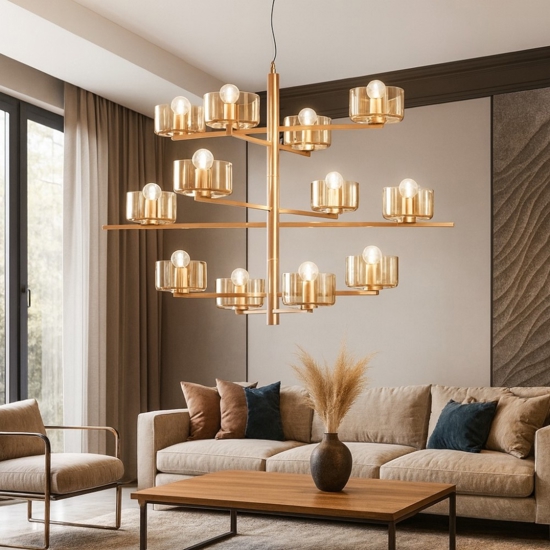 Lampadario so figaro ondaluce 12 luci oro vetri ambra per salone