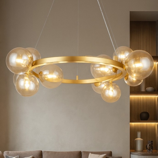 Maytoni dallas lampadario per soggiorno moderno dorato sfere vetro ambra