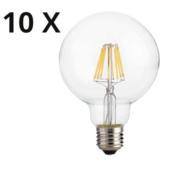 Box 10 lampadine led e27 8w 3000k 1050lm globo trasparente filamento ideal lux