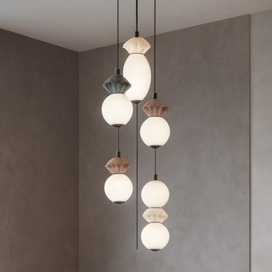 Lampadario moderno 5 luci led 3000k vetro e ceramica