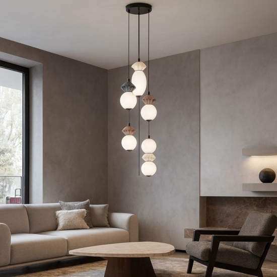 Lampadario moderno 5 luci led 3000k vetro e ceramica