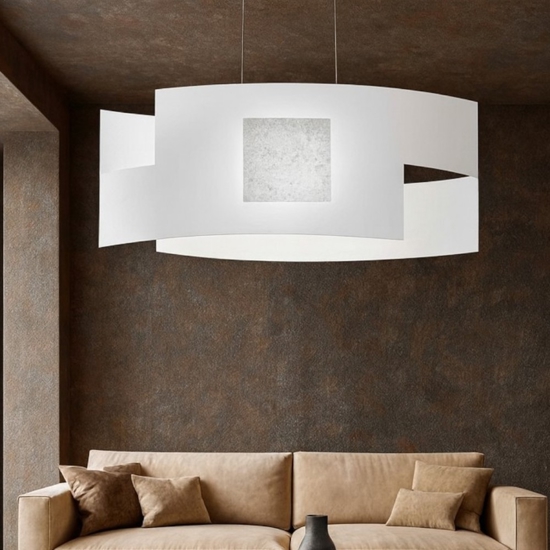Top light lampadario moderno vetri bianchi placca decoro argento
