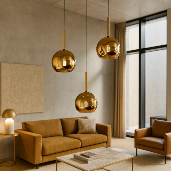Lampadario moderno per soggiorno 3 vetri oro
