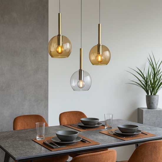 Lampadario moderno grappolo 3 vetri trasparente ambra