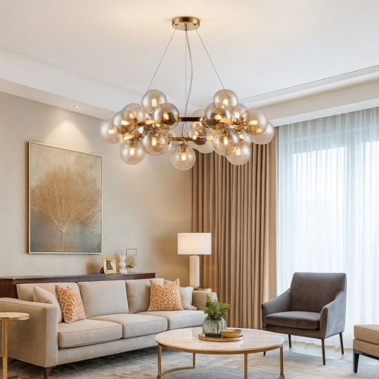 Maytoni lampadario dallas moderno per soggiorno oro sfere vetro ambra trasparente
