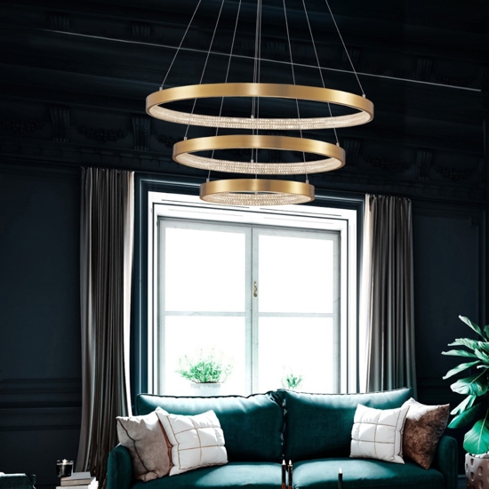 Lampadario 3 cerchi oro led per salone stile contemporaneo