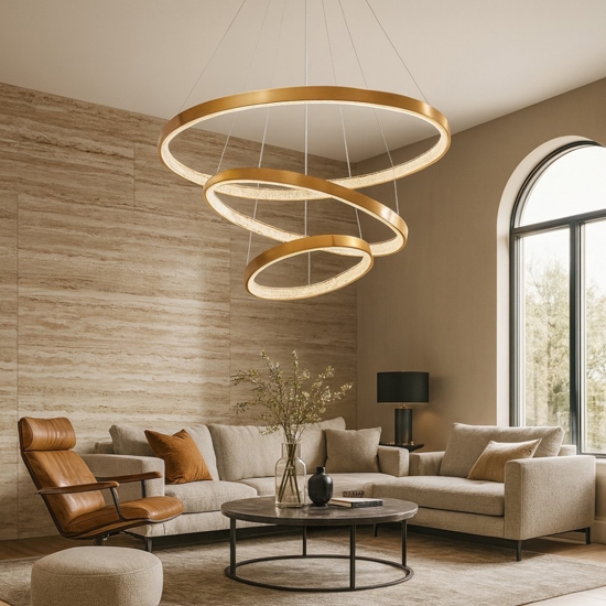 Lampadario 3 cerchi oro led per salone stile contemporaneo
