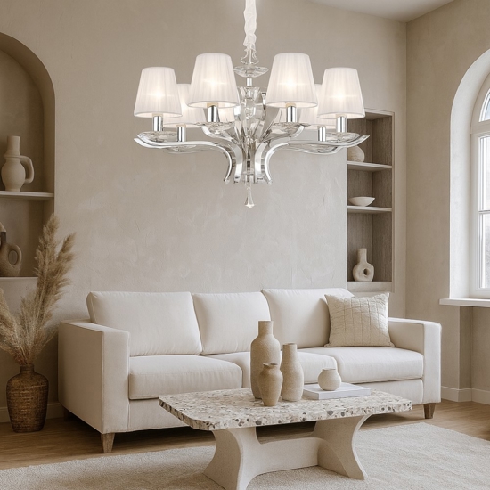 Pegaso sp8 lampadario da salone 8 bracci con paralumi in organza ideal lux