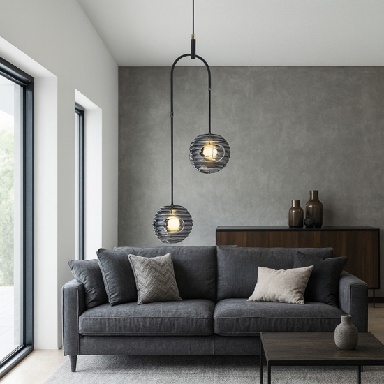 Lampadario led 20w 3000k nero bocce vetro fume