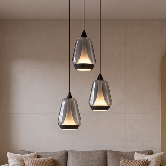 Lampadario per soggiorno dimmerabile tre luci led vetro grigio fumo