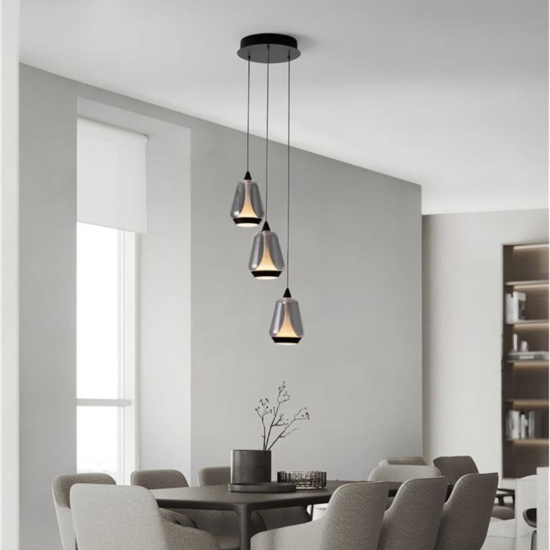 Lampadario per soggiorno dimmerabile tre luci led vetro grigio fumo