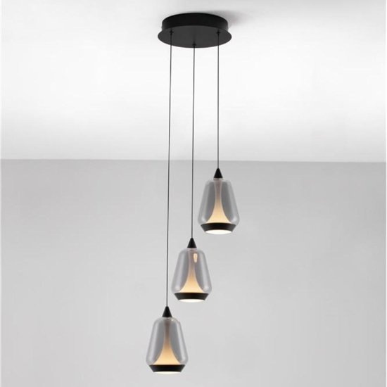 Lampadario per soggiorno dimmerabile tre luci led vetro grigio fumo