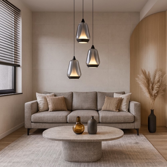 Lampadario per soggiorno dimmerabile tre luci led vetro grigio fumo
