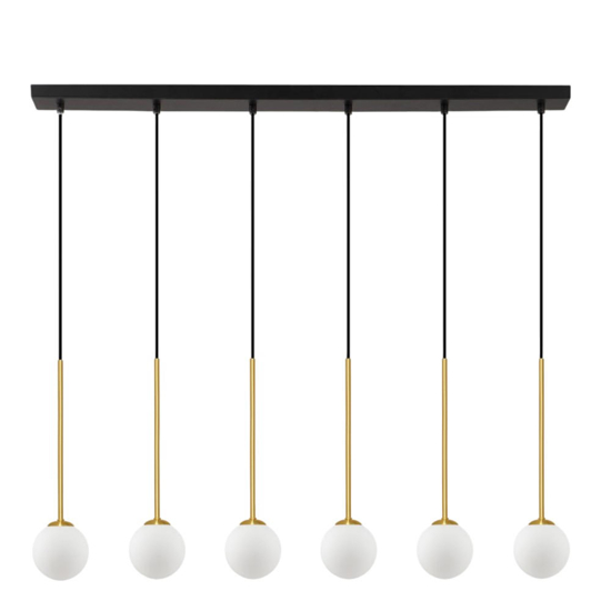Lampadario nero oro sfere di vetro bianco per tavolo soggiorno