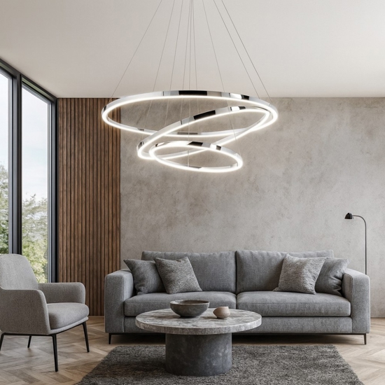 Lampadario moderno cerchi led 135w 3000k cromo per soggiorno