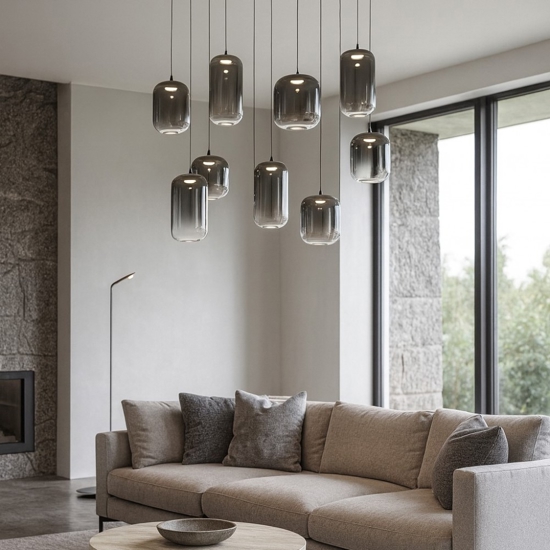 Lampadario con vetri fume per soggiorno moderno
