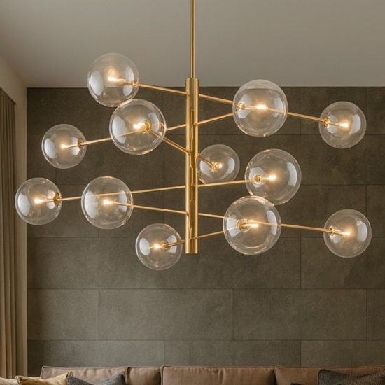 Equinoxe ideal lux sp12 ottone lampadario design bocce vetro trasparenti