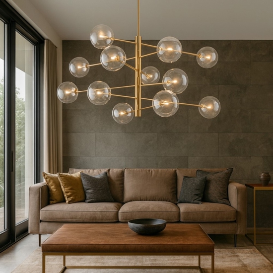 Equinoxe ideal lux sp12 ottone lampadario design bocce vetro trasparenti