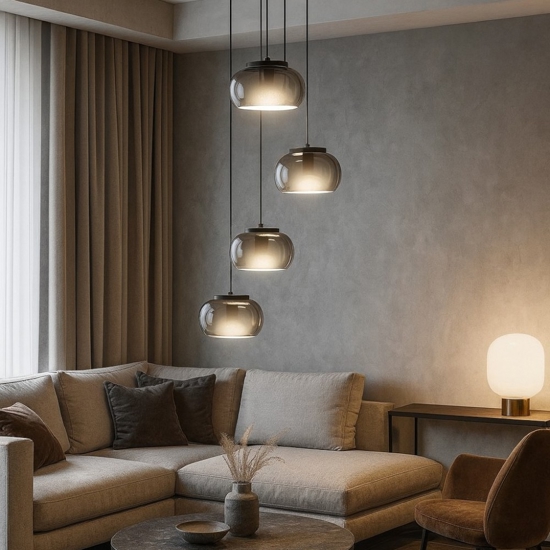 Lampadario led nero per soggiorno vetri fume moderno