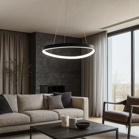 Vivida international lampadario design moderno lifering nero led 60w 3000k 4000k per soggiorno
