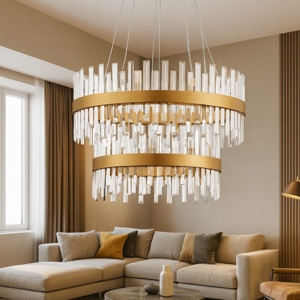 Lampadario oro moderno con cristalli molati trasparenti