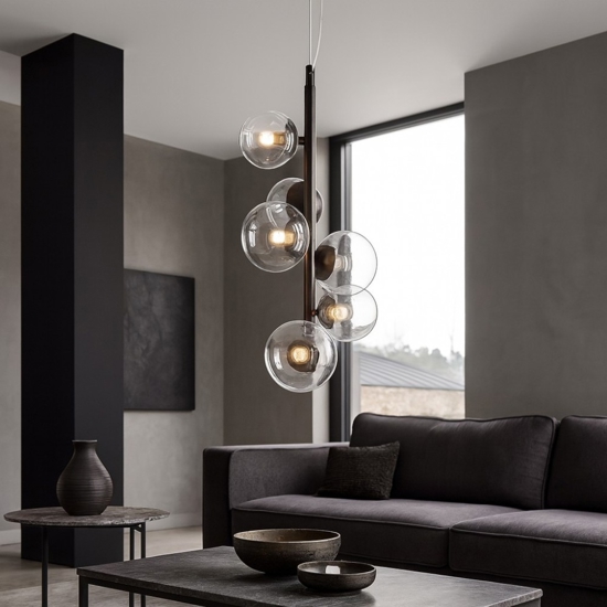 Lampadario verticale moderno nero sfere vetro per soggiorno