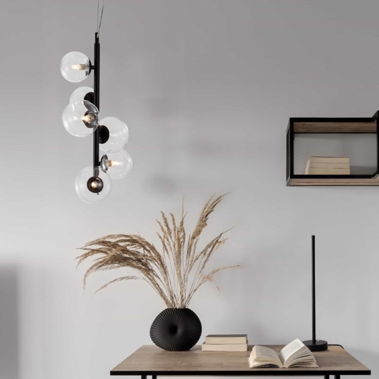 Lampadario verticale moderno nero sfere vetro per soggiorno