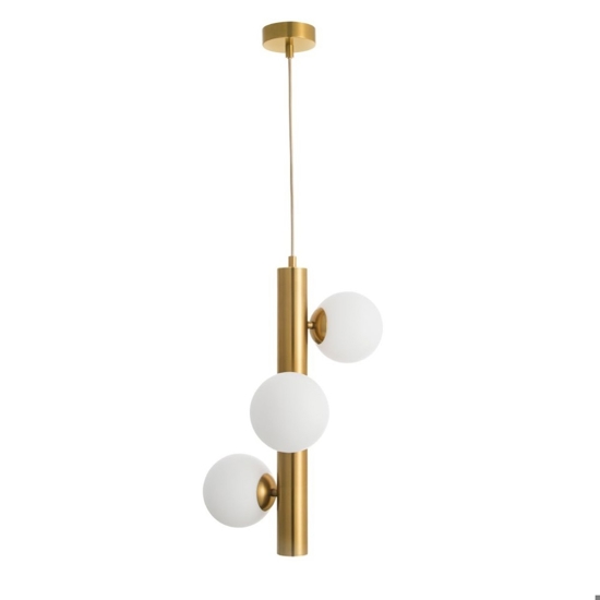 Lampadario moderno verticale oro tre vetri bianchi