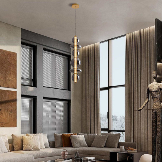 Lampadario moderno verticale oro sfere vetro led 3000k