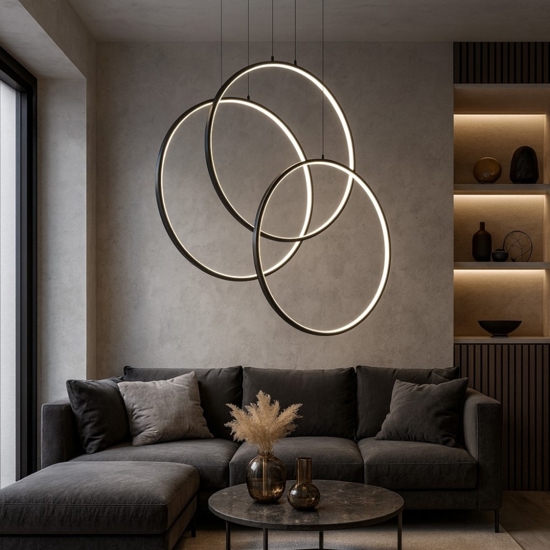 Frame sp cerchio lampadario nero tre cerchi led 82w 3000k ideal lux