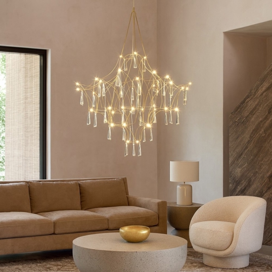 Lampadario design elegance con cristalli oro led 20w 3000k per salotto