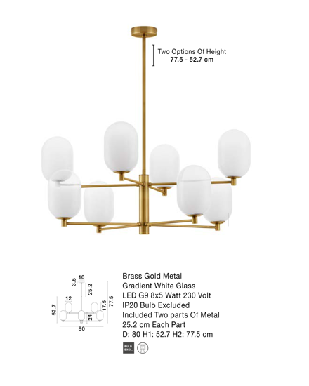 Lampadario elegante per soggiorno dorato sfere vetro bianco