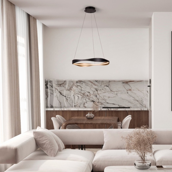 Lampadario moderno nero oro rotondo per soggiorno