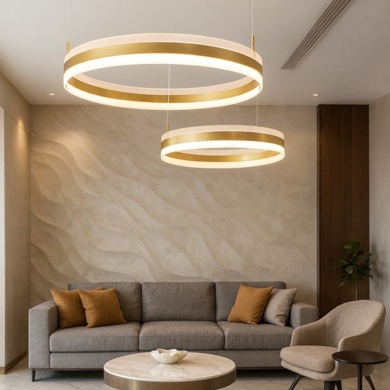 Lampadario per salone doppio cerchio oro led 3000k dimmerabile
