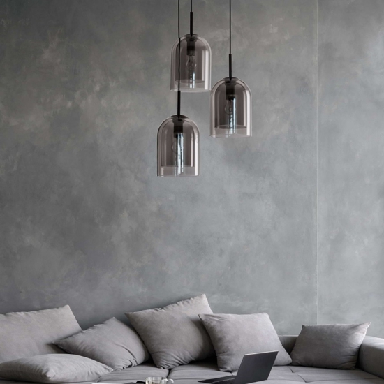 Lampadario per soggiorno moderno grappolo 3 luci doppio vetro fume