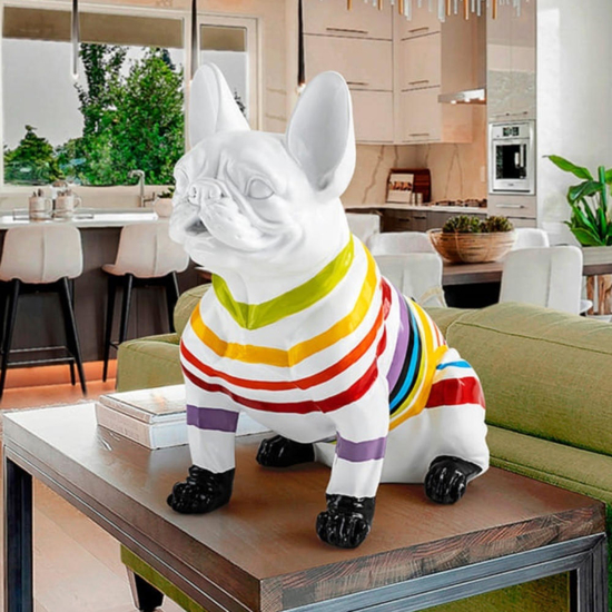 Scultura da tavolo statuetta moderna bulldog francese bianco strisce colorate